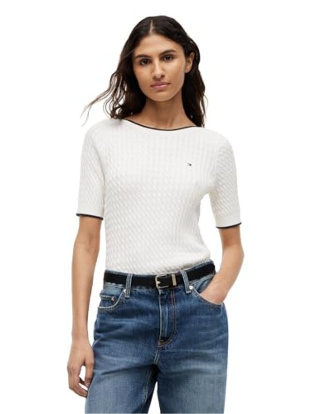 Cable Knit Boat Neck Short Sleeve Pullover Sweater Lightweight